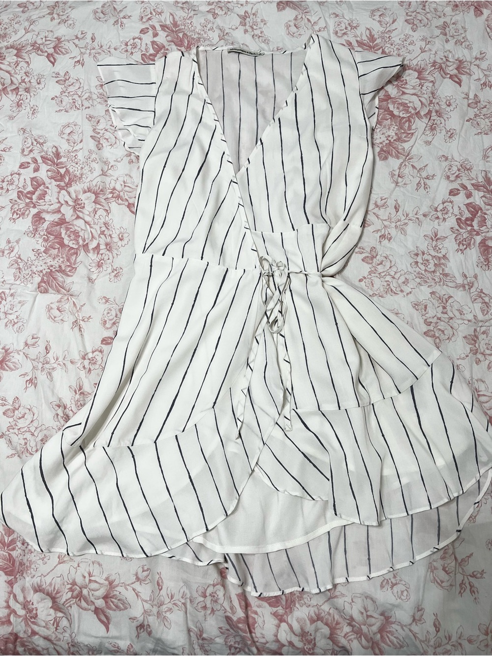 Striped White & Blue Wrap-Style Women's Dress